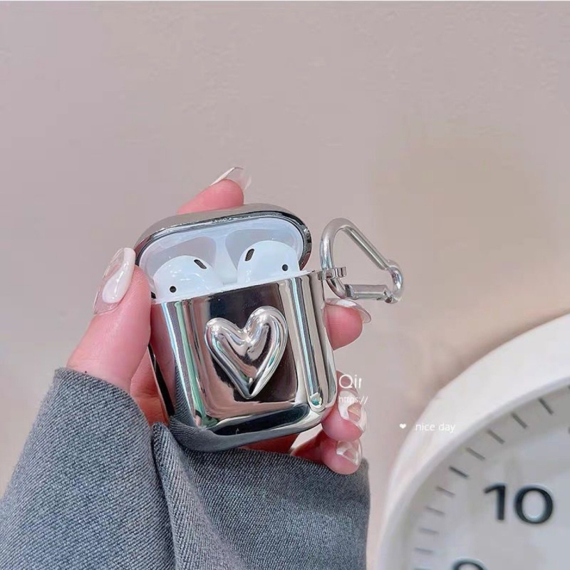 Husă de protecție AirPods, TPU material, finisaj electroplating, portabilă și universală, compatibilă cu AirPods 1/2, AirPods Pro și AirPods 3, design inimă 3D