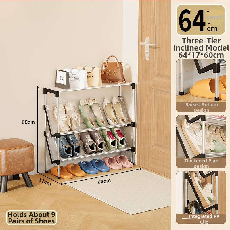 Naklonený kovový viacposchodový regál na topánky pre internát, vstup a chodbu — úsporný priestor, multifunkčný