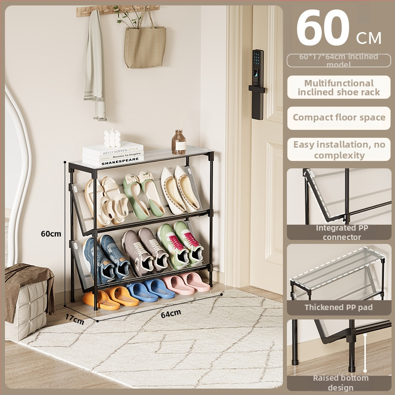 Naklonený kovový viacposchodový regál na topánky pre internát, vstup a chodbu — úsporný priestor, multifunkčný