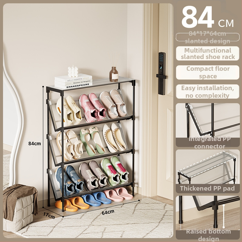 Naklonený kovový viacposchodový regál na topánky pre internát, vstup a chodbu — úsporný priestor, multifunkčný