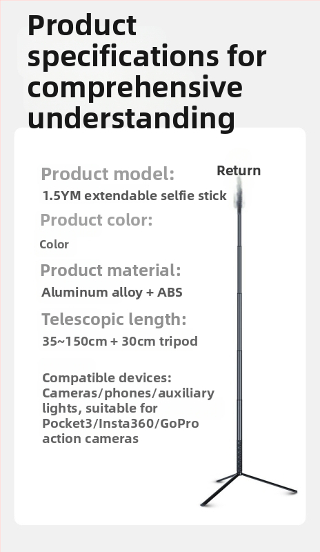 Selfie stick extins pentru DJI Pocket 3, 5 secțiuni, aliaj de aluminiu și ABS, compatibil universal, greutate maximă sub 2 kg