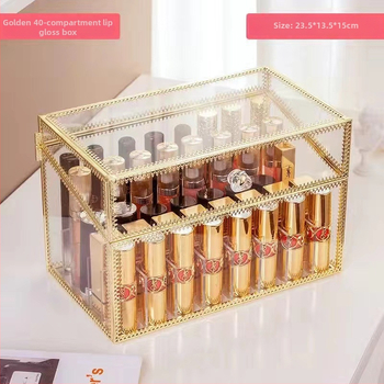 Cutie de depozitare pentru ruj cu capac – Organizator cosmetic din sticlă pentru birou, trei etaje, protecție împotriva prafului, display cu sertare pentru pudră și fard de ochi