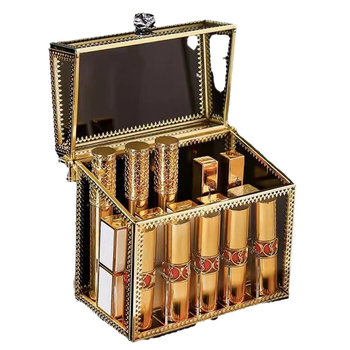 Cutie de depozitare pentru ruj cu capac – Organizator cosmetic din sticlă pentru birou, trei etaje, protecție împotriva prafului, display cu sertare pentru pudră și fard de ochi