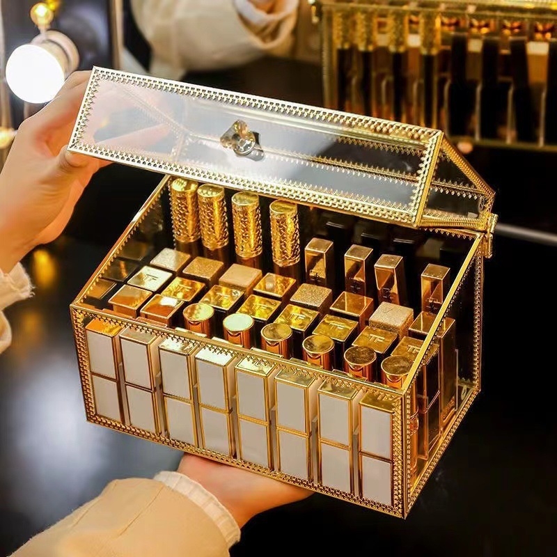 Cutie de depozitare pentru ruj cu capac – Organizator cosmetic din sticlă pentru birou, trei etaje, protecție împotriva prafului, display cu sertare pentru pudră și fard de ochi