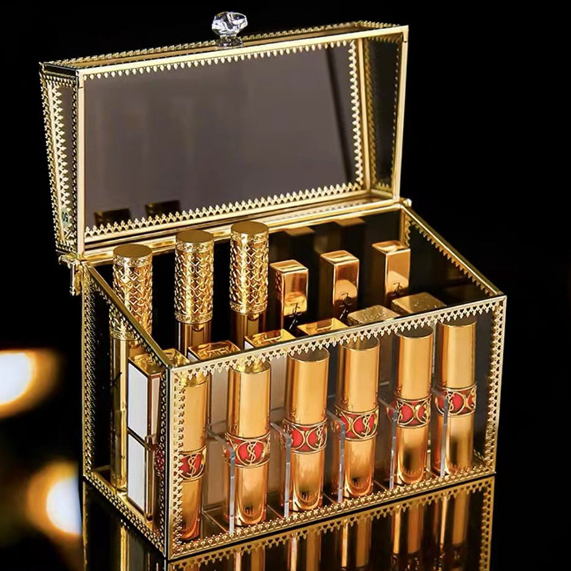 Cutie de depozitare pentru ruj cu capac – Organizator cosmetic din sticlă pentru birou, trei etaje, protecție împotriva prafului, display cu sertare pentru pudră și fard de ochi