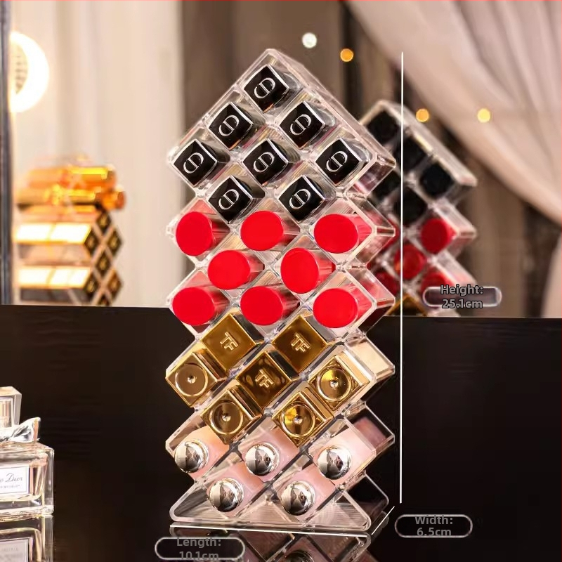 Cutie de depozitare pentru ruj cu capac – Organizator cosmetic din sticlă pentru birou, trei etaje, protecție împotriva prafului, display cu sertare pentru pudră și fard de ochi