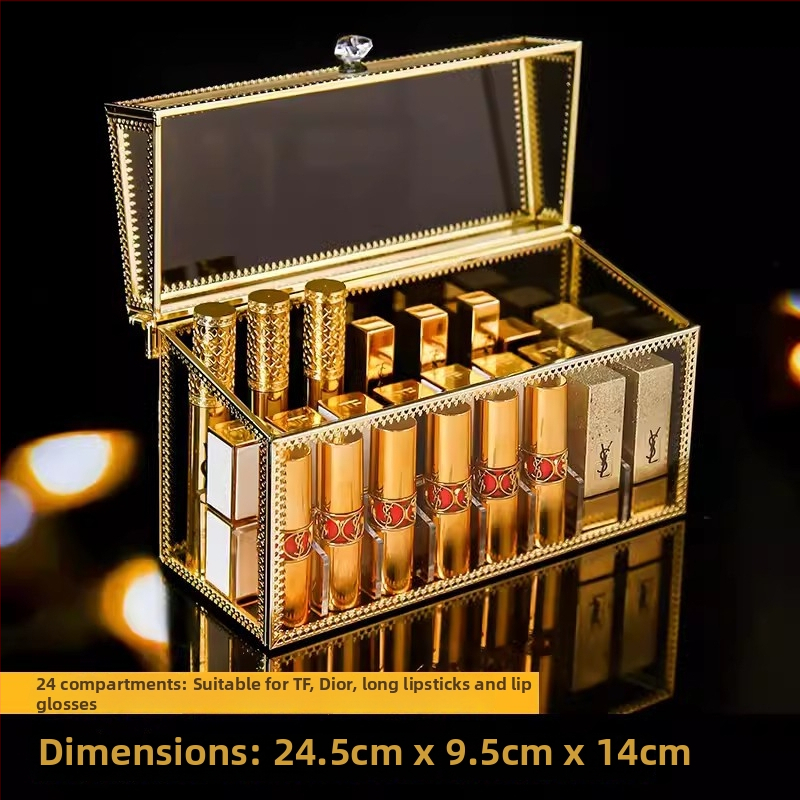 Cutie de depozitare pentru ruj cu capac – Organizator cosmetic din sticlă pentru birou, trei etaje, protecție împotriva prafului, display cu sertare pentru pudră și fard de ochi