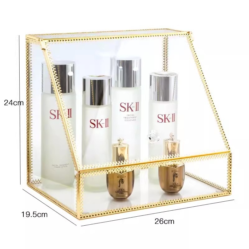 Cutie de depozitare pentru ruj cu capac – Organizator cosmetic din sticlă pentru birou, trei etaje, protecție împotriva prafului, display cu sertare pentru pudră și fard de ochi