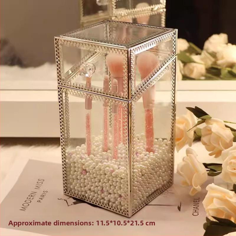 Cutie de depozitare pentru ruj cu capac – Organizator cosmetic din sticlă pentru birou, trei etaje, protecție împotriva prafului, display cu sertare pentru pudră și fard de ochi