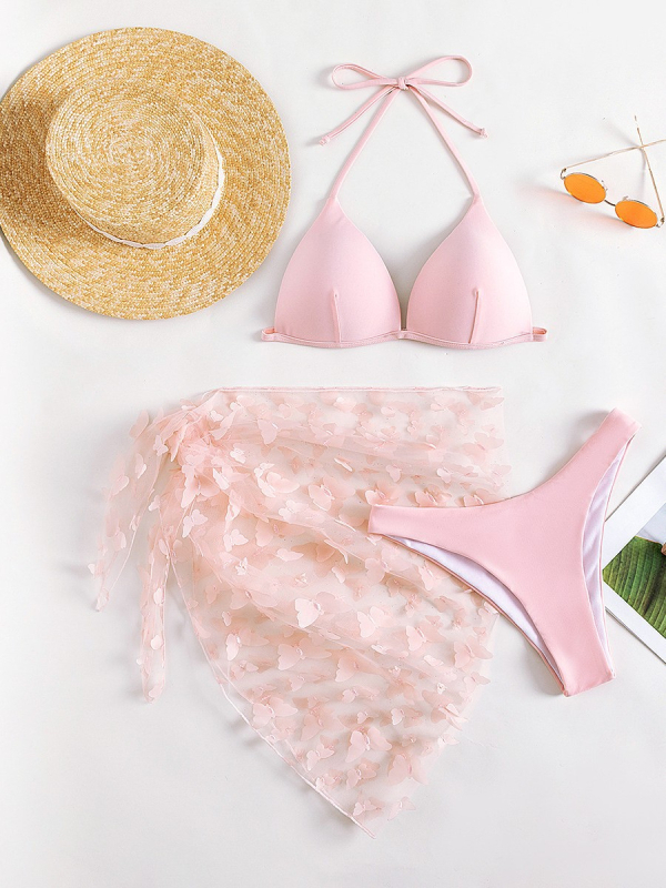 Trodijelni bikini set s ulošcima za grudi, poliesterski kupaći kostim s najlonskom podstavom, jednofarban