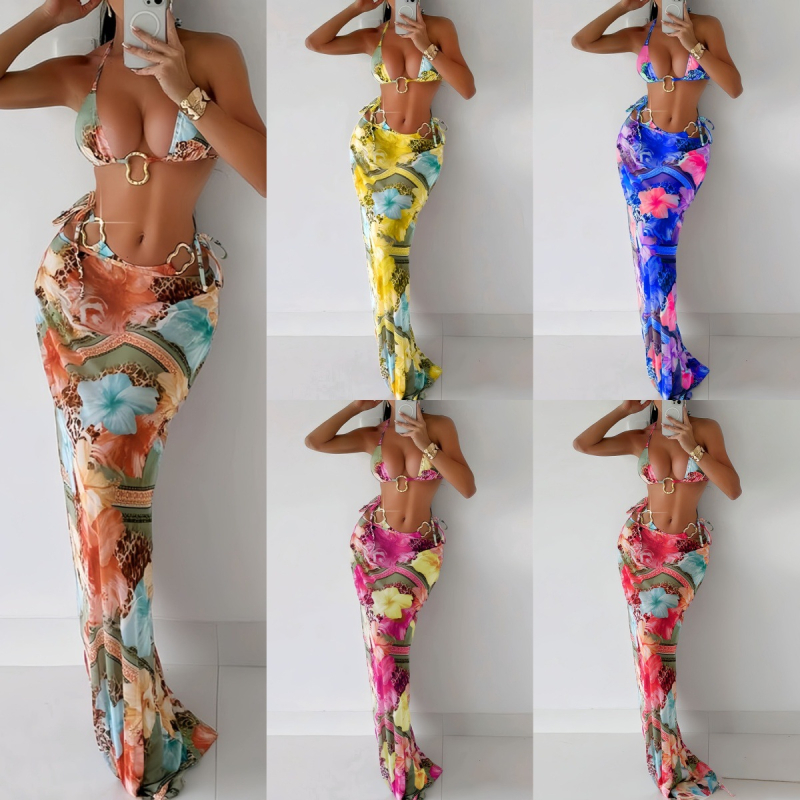 Trodjelni bikini set s dugom suknjom, umetak za prsa, poliester tkanina 82%, podstava 82/18, otisak