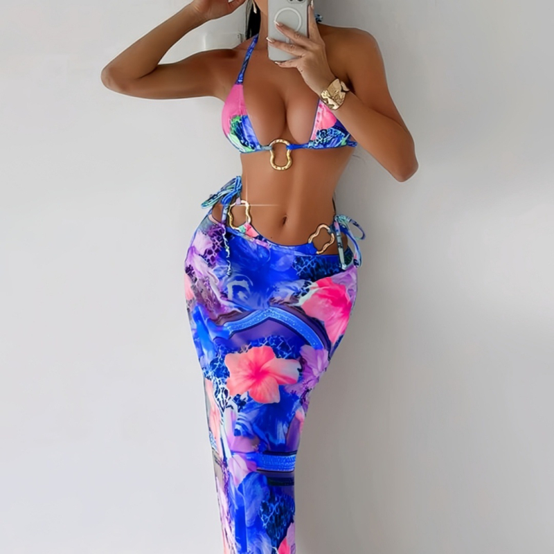 Trodjelni bikini set s dugom suknjom, umetak za prsa, poliester tkanina 82%, podstava 82/18, otisak