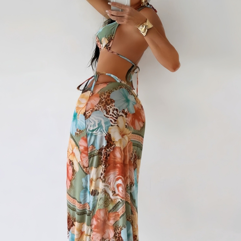 Trodjelni bikini set s dugom suknjom, umetak za prsa, poliester tkanina 82%, podstava 82/18, otisak