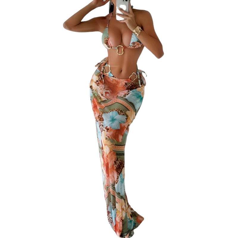Trodjelni bikini set s dugom suknjom, umetak za prsa, poliester tkanina 82%, podstava 82/18, otisak