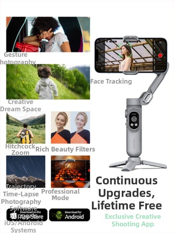 Okawa мобилен стабилизатор за телефон, компактно сгъваем гимбал за блогове и лайв стрийминг; Bluetooth поддръжка; Без дистанционно управление; поддържа персонализация; лиценцирана частна марка