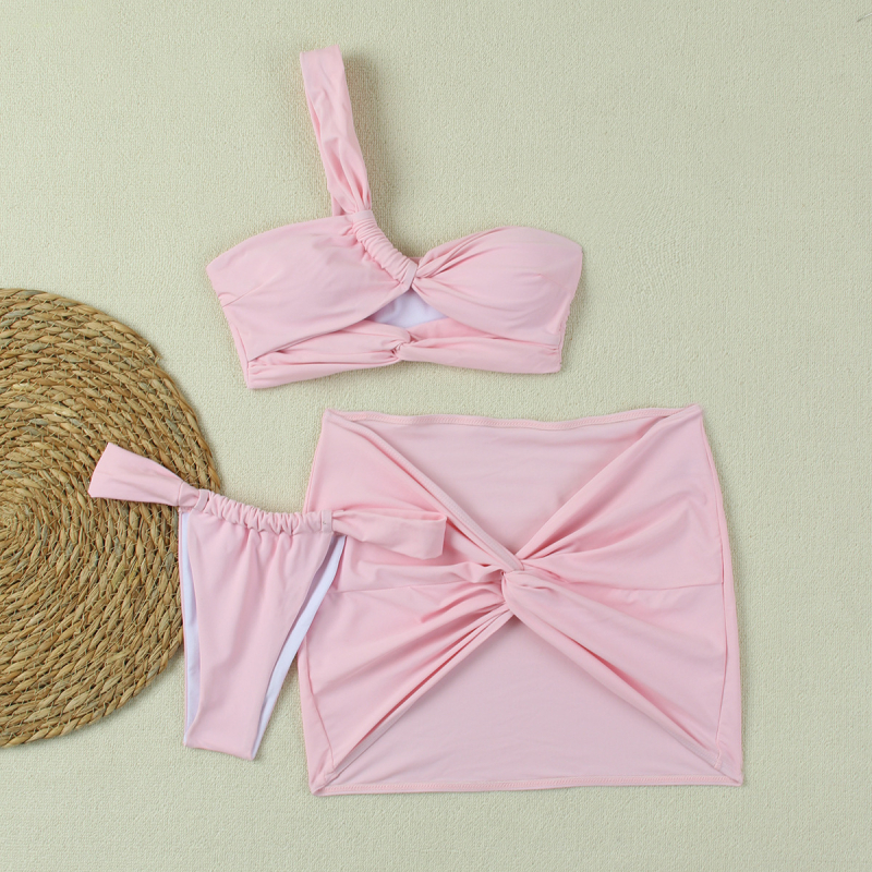 Ženski trodjelni bikini set s jednim ramom; s čeličnom podstavom i jastučićima za dekolte; jednobojni uzorak; vanjska tkanina poliester-nylon, podstava od spandexa