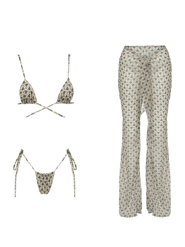 Trodjelni ženski bikini set s otiskom, visoka elastičnost, punjeni košarice bez metalne potpore, najlon 80% s Lycra 20% podlogom