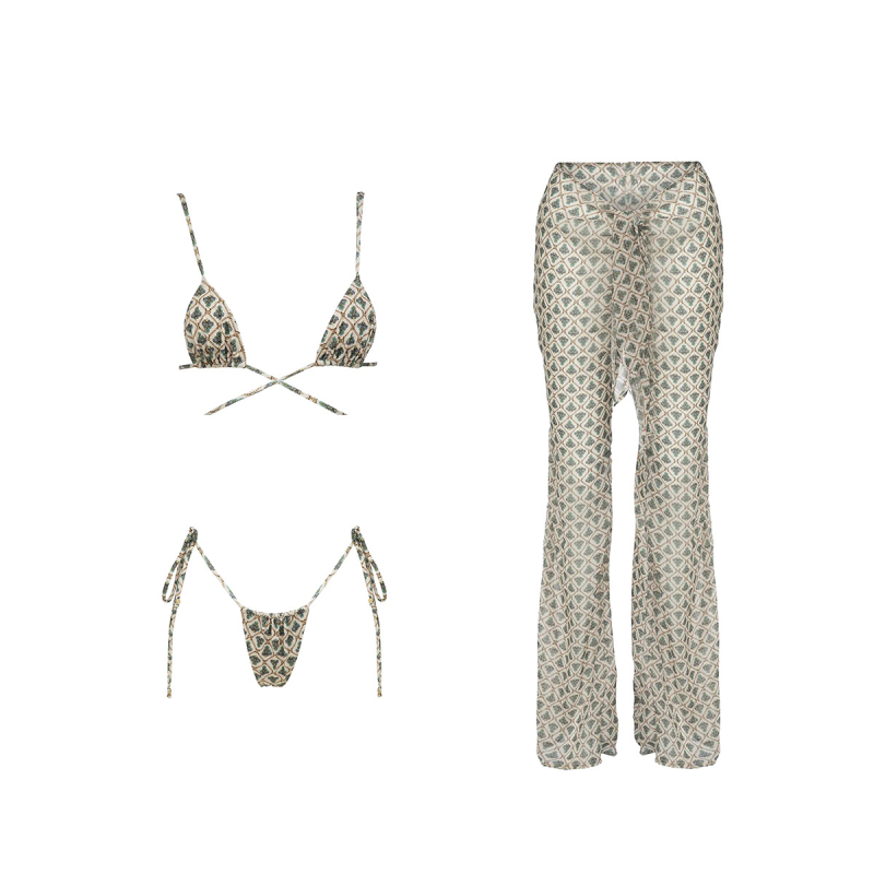 Trodjelni ženski bikini set s otiskom, visoka elastičnost, punjeni košarice bez metalne potpore, najlon 80% s Lycra 20% podlogom