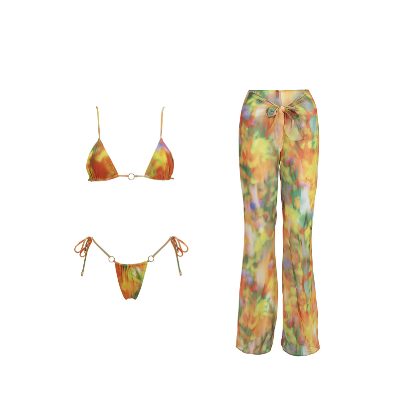 Trodjelni ženski bikini set s otiskom, visoka elastičnost, punjeni košarice bez metalne potpore, najlon 80% s Lycra 20% podlogom