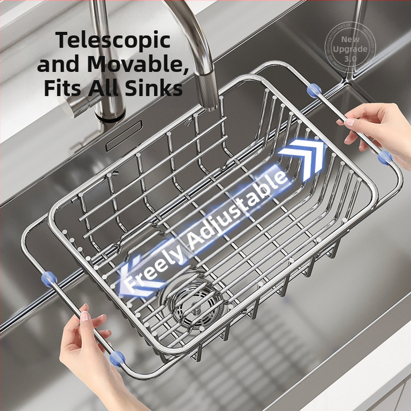 Дренажна кошница за мивка, неръждаема стомана, сгъваема, подвижна, многофункционална, без монтаж – кухненски органайзер