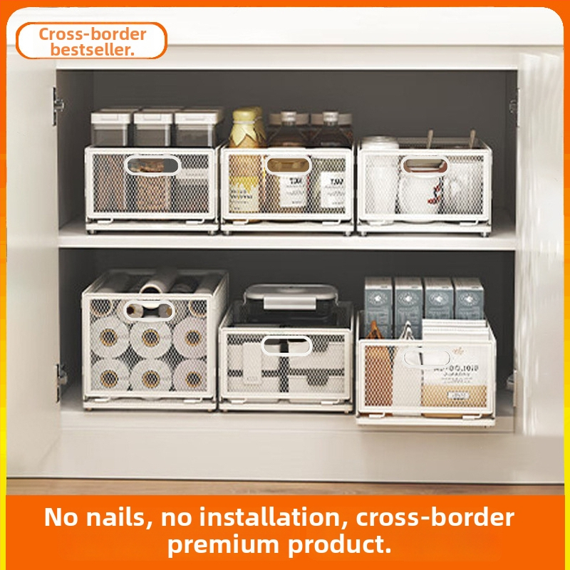 Изтеглящ се кош за закуски в кухнята – сгъваем метален рафт с многослоен дизайн за закуски, подправки и буркани, без монтаж