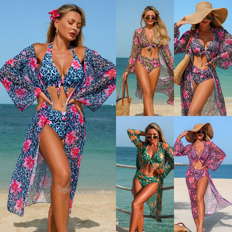Kupaći set s leopard printom, napunjeni gornji dio, dugi rukavi, poliester
