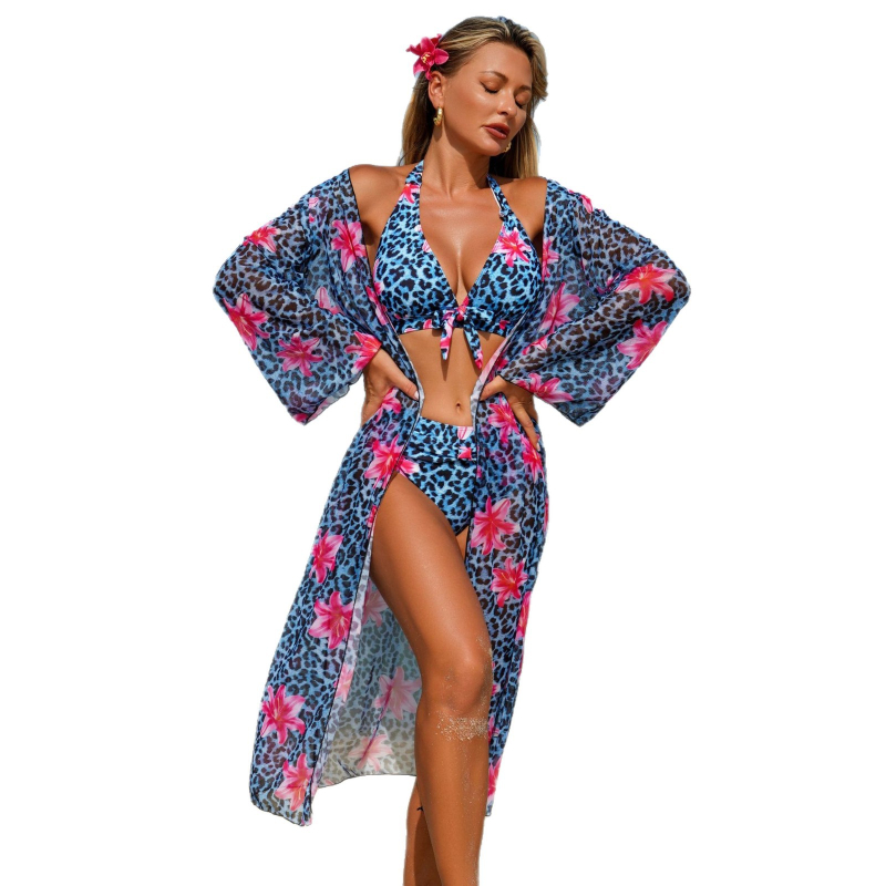Kupaći set s leopard printom, napunjeni gornji dio, dugi rukavi, poliester