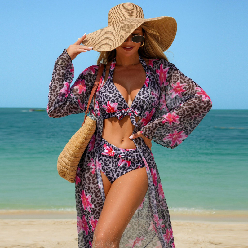 Kupaći set s leopard printom, napunjeni gornji dio, dugi rukavi, poliester