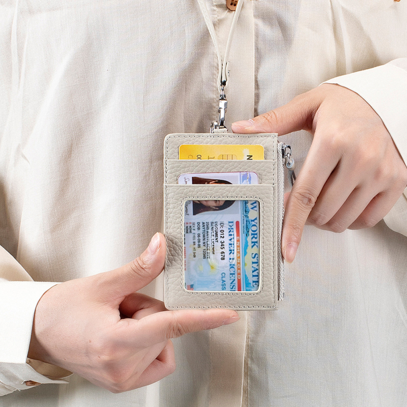 ID-kártyatartó nyakpánttal - valódi bőr, első réteg tehénbőr, japán stílus, ultra könnyű, multifunkcionális
