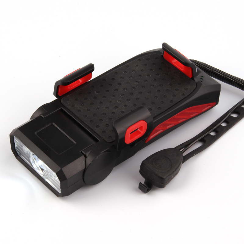 Lumină de bicicletă 4 în 1: far, suport pentru telefon, claxon și încărcător încorporat, rotație de 360°