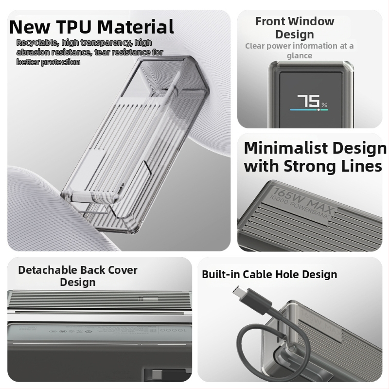 TPU ochranný obal pre Xiaomi 165W powerbank s integrovaným káblom, priehľadný dizajn, kapacita 10000mAh, proti pádom, hmotnosť 100g