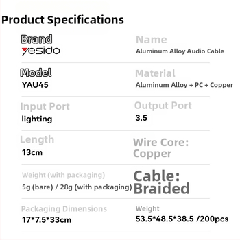 Cablu audio Lightning la 3,5 mm YAU45 pentru iPhone 14; miez împletit, placare cu nichel, carcasă din aliaj de aluminiu, greutate 28 g