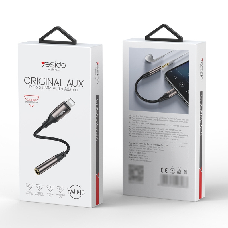 Cablu audio Lightning la 3,5 mm YAU45 pentru iPhone 14; miez împletit, placare cu nichel, carcasă din aliaj de aluminiu, greutate 28 g