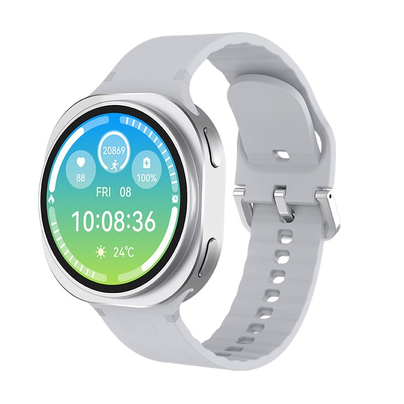 Смарт часовник GT8Max със рамка от цинкова сплав и кръгъл циферблат; здравни сензори: сърдечен ритъм, кръвно налягане, кислород в кръвта, мониторинг на съня; 1,26-инчов TFT дисплей; 7–14 дни живот на батерията; безжично зареждане; Bluetooth