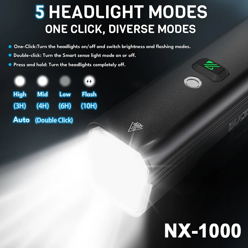 Bucklos prednje svjetlo za bicikl s inteligentnim senzorom, tijelo od aluminijske legure, Type-C punjivo, baterija 2600-5000mAh