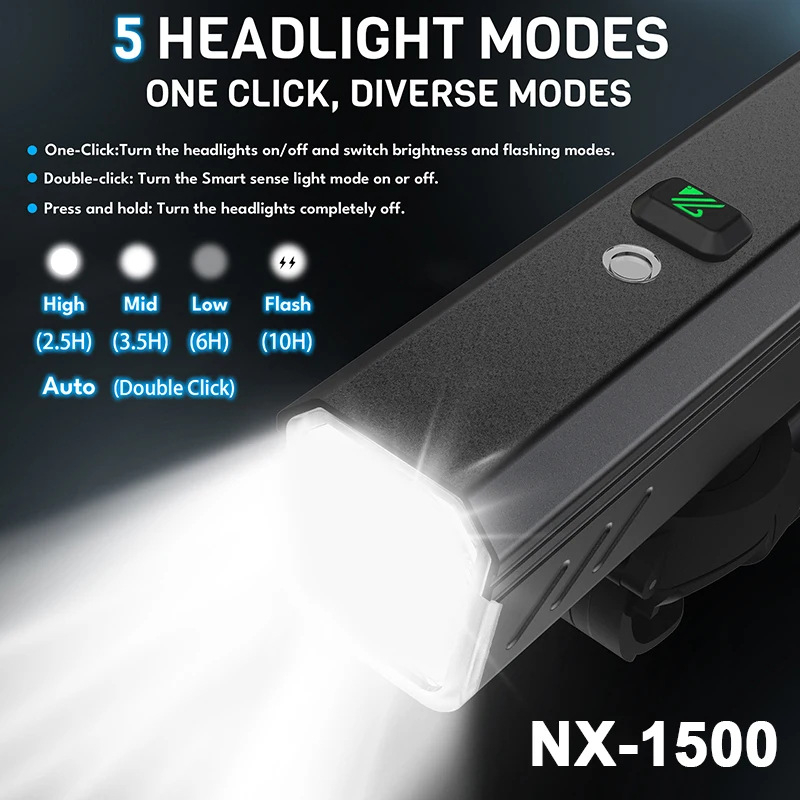 Bucklos prednje svjetlo za bicikl s inteligentnim senzorom, tijelo od aluminijske legure, Type-C punjivo, baterija 2600-5000mAh