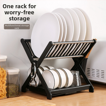 Dvostruki držač za posuđe od PP plastike s okvirom od nehrđajućeg čelika – kuhinjski odvodi organizator