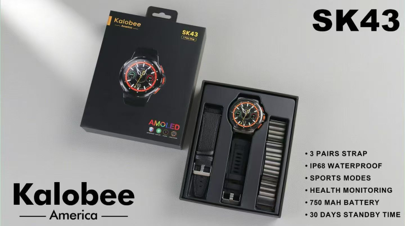 Kalobee SK43 Смарт часовник с 1,65-инч AMOLED дисплей, Bluetooth разговори, мониторинг на сърдечната честота и кислород в кръвта, живот на батерията 7–14 дни