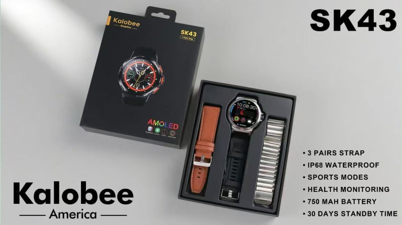 Kalobee SK43 Смарт часовник с 1,65-инч AMOLED дисплей, Bluetooth разговори, мониторинг на сърдечната честота и кислород в кръвта, живот на батерията 7–14 дни