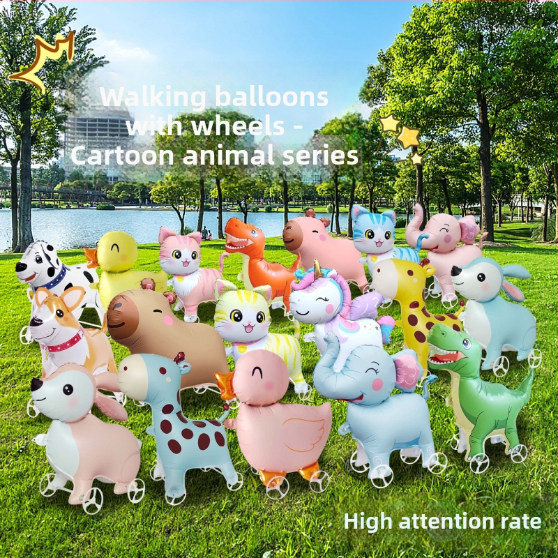 Balon s crtanim životinjama, svjetleći s kotačićima za hodanje djetetu — Materijal: aluminijska folija; Oblik: crtane životinje; Rasvjeta; Kotači