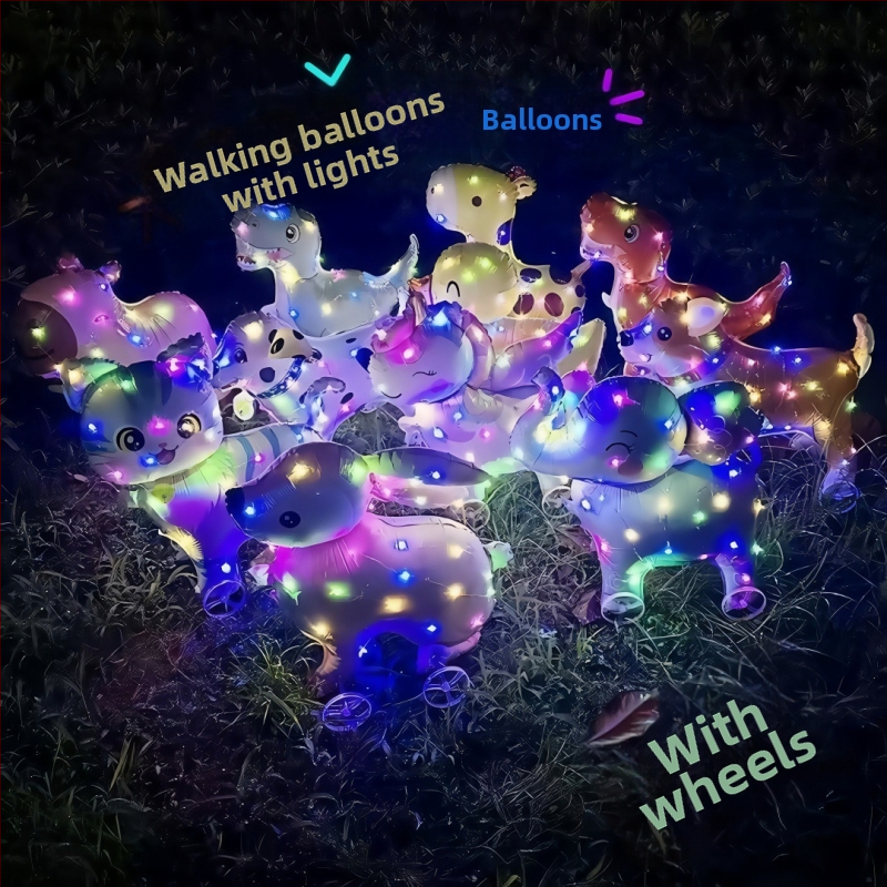 Balon s crtanim životinjama, svjetleći s kotačićima za hodanje djetetu — Materijal: aluminijska folija; Oblik: crtane životinje; Rasvjeta; Kotači