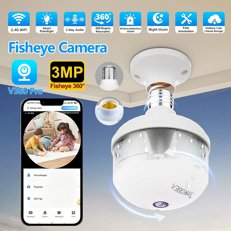 V380 Cameră Fisheye Wireless - Panoramă 360°, 3MP/2K, obiectiv 4 mm, alarmă pentru urmărirea persoanelor, vizionare noapte IR 15 m