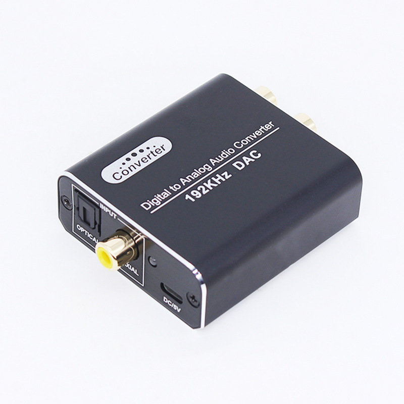 Convertor DAC audio și video cu intrări optice și coaxiale, ieșiri RCA stereo și jack de 3,5 mm, rezoluție 1920x1080, PCM/LPCM