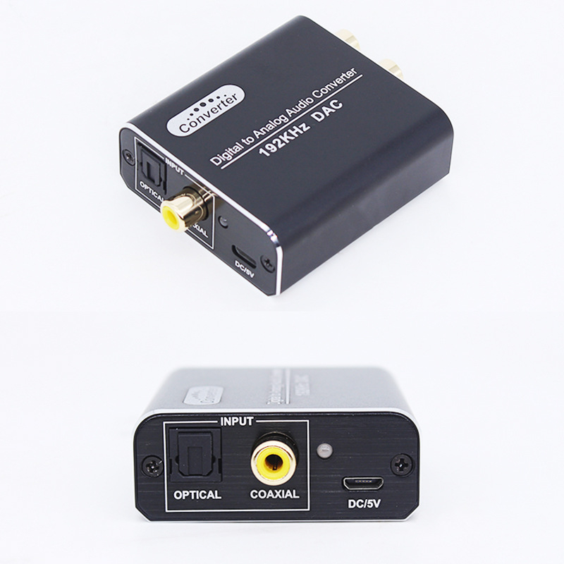 Convertor DAC audio și video cu intrări optice și coaxiale, ieșiri RCA stereo și jack de 3,5 mm, rezoluție 1920x1080, PCM/LPCM