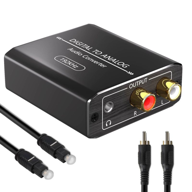 Convertor DAC audio și video cu intrări optice și coaxiale, ieșiri RCA stereo și jack de 3,5 mm, rezoluție 1920x1080, PCM/LPCM