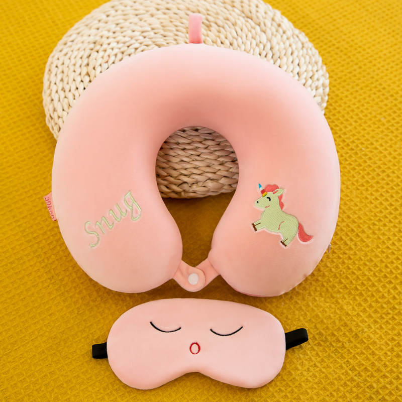 Crtani U-oblik jastuk za vrat za ured i putovanja s maskom za oči, punjenje memory foam, navlaka od kemijskih vlakana (Punjenje: memory foam; Navlaka: kemijska vlakna; Stil: crtani; Oblik: U-oblik; Pogodno za odrasle)