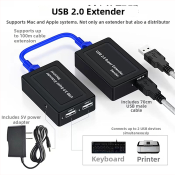 Extender USB 2.0 cu amplificator de semnal RJ45, până la 100 m, extinde camera, ecran tactil, mouse, tastatură și stick USB
