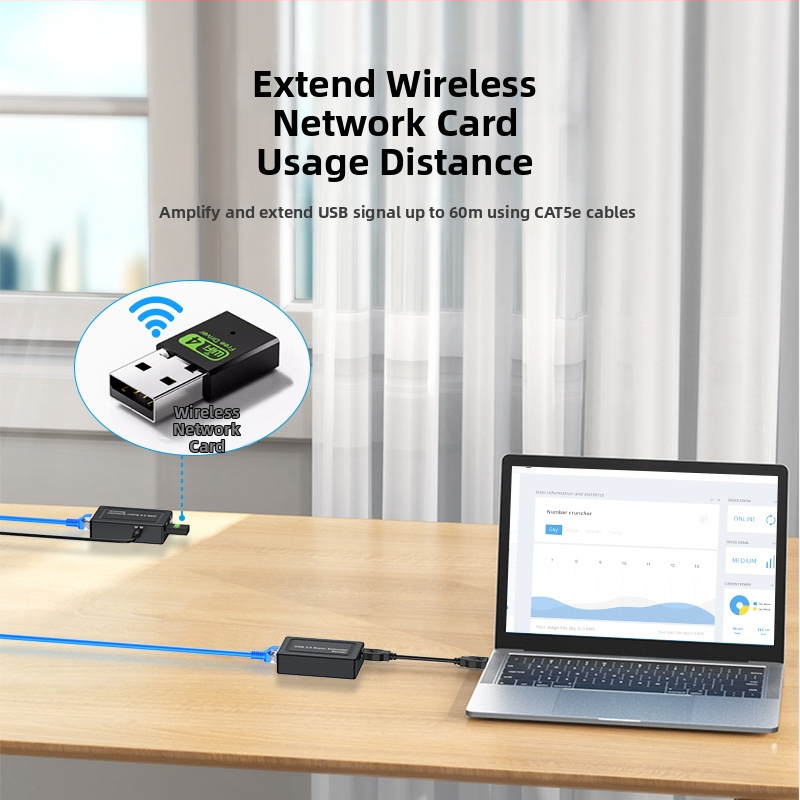 Extender USB 2.0 cu amplificator de semnal RJ45, până la 100 m, extinde camera, ecran tactil, mouse, tastatură și stick USB