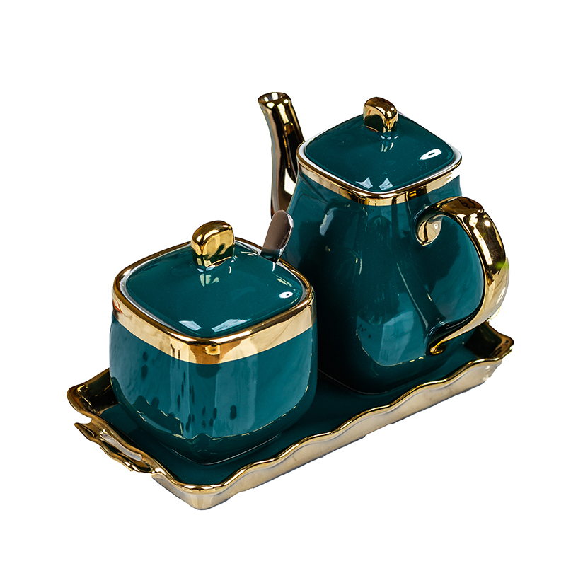 Set ceramic pentru condimente – recipient pentru ulei, recipient pentru sare, sticluță de oțet; stil lux ușor; origine China continentală