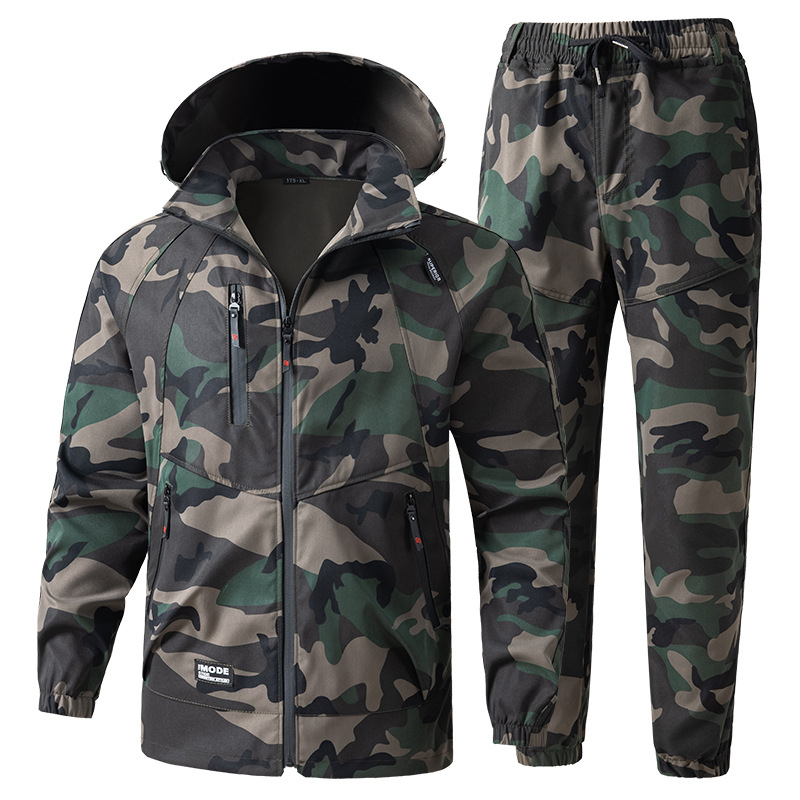 Set de lucru camuflaj, țesătură din amestec de fibre chimice, uscare rapidă, impermeabil, rezistent la abraziune, primăvară și toamnă, unisex